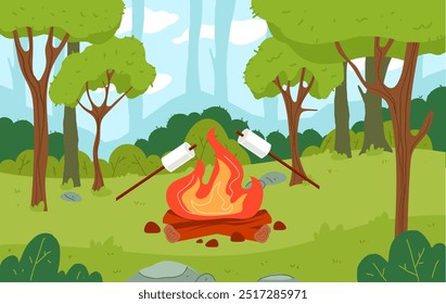 Fire bonfire camp campfire wood forest concept. Vector graphic design illustration	