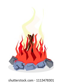 Fire, Bonfire, Camping, Halt, Stop, Travel, Hike in  flat style, cartoon. Colorful hand drawn vector stock illustration. 
