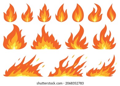 Fire bonfire ignition flame blaze red flat set. Collection sign danger ignition object forest fires liquid. Bright drawing cartoon poster instruction example orange flammable icon isolated on white