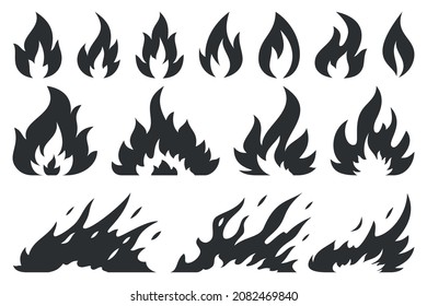 Fire bonfire ignition flames black silhouette set. Stamp flame energy fiery explosion hot outline warning symbols. Collection sign icon danger ignition object forest fires flammable isolated on white