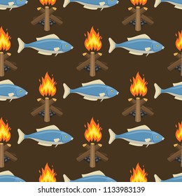 Fire bonfire seamless pattern vector burn flame illustration fish spurts of flame red orange background wallpaper hot light backdrop.