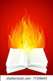 Fire book. Open book with flame on red background.