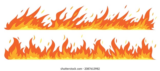 Fire border bonfire ignition flame blaze red flat set. Collection sign danger ignition object forest fires liquid. Drawing cartoon poster instruction example orange flammable icon isolated on white