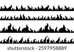 Fire border. Hand drawn flame silhouette. Seamless black bonfire frame. Hot flaming banners, fire trail, wildfire campfire. Flat burning elements. Flammable borders vector set.
