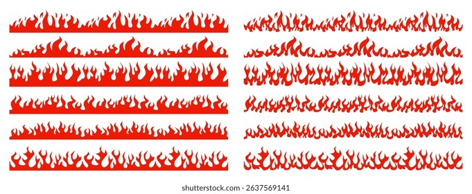 Fire border. Red flame, cartoon fire seamless borders. Blazing frame dividers, hot flaming banners. Wildfire campfire burning lines, fire trail and flammable vector set.