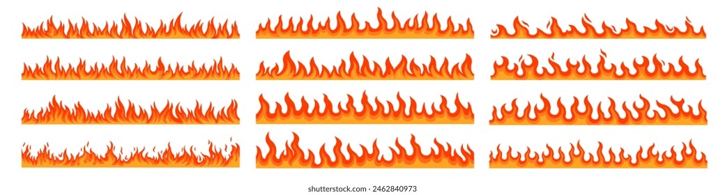 Fire border seamless pattern. Fire line frame set.