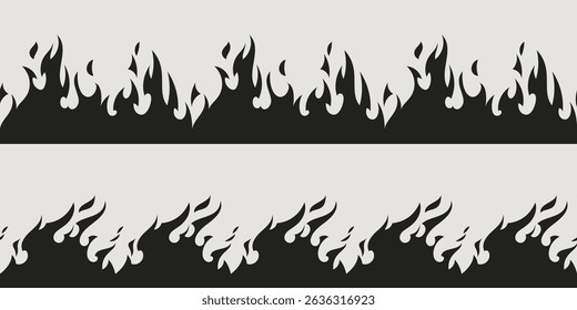 Fire border silhouette patterns - black flame shapes, burning edge design elements for hot graphics, decorative blaze strips with seamless repeat, danger warning symbols and inferno themed dividers.