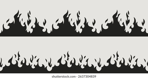 Fire border silhouette patterns - black flame shapes, burning edge design elements for hot graphics, decorative blaze strips with seamless repeat, danger warning symbols and inferno themed dividers.