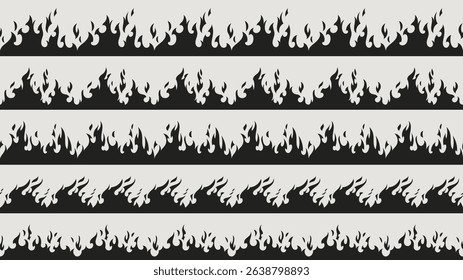 Fire border silhouette patterns - black flame shapes, burning edge design elements for hot graphics, decorative blaze strips with seamless repeat, danger warning symbols and inferno themed dividers.