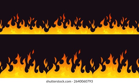Fire border silhouette seamless pattern - orange yellow flames on black background, burning edge design with gradient heat effect, horizontal blaze decoration, hot danger warning strips dividers.