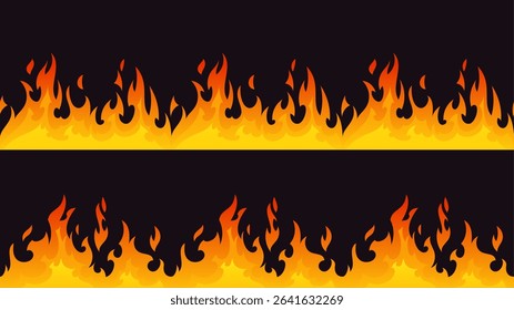 Fire border silhouette seamless pattern - orange yellow flames on black background, burning edge design with gradient heat effect, horizontal blaze decoration, hot danger warning strips dividers.