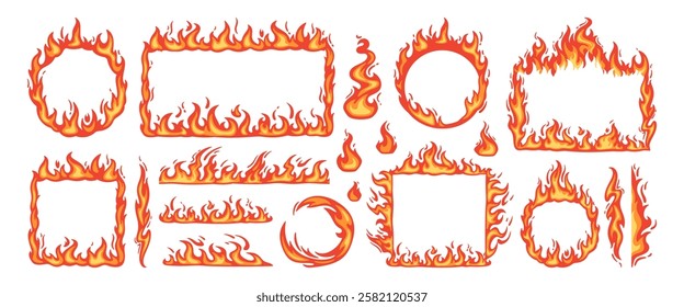 Fire borders. Cartoon flame frame. Hot flaming circle, blazing ignite edges square, fire trail, heat burning rectangle. Wildfire flammable border frames. Vector elements.