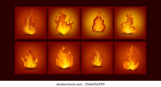 Fire borders, fire flames, blaze icon, sign and symbol on dark background vector illustration.