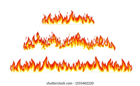 Fire borders on white. Cartoon flame banner border elements, orange burn bounds, blazing line vector images isolated. Fire horizontal format.