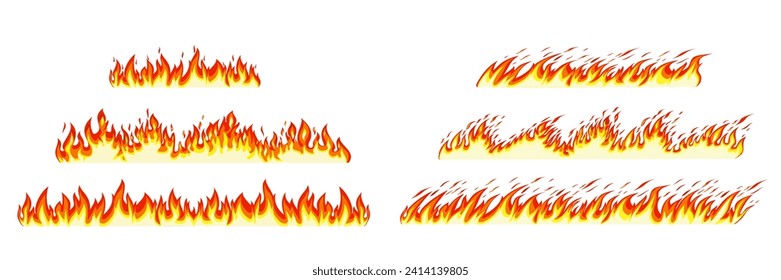 Feuer grenzt an weiß. Cartoon Flammenbanner Randelemente, orangefarbene Brandschwellen, blasierende Linien Vektorbilder einzeln. Brandhorizontales Format