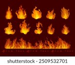 Fire borders,fire flames, blaze icon, symbol, sign on dark background vector illustration. Hot light effect elements design.