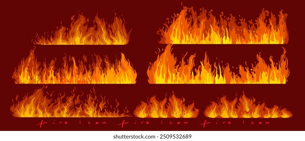 Fire borders,fire flames, blaze icon, symbol, sign on dark background vector illustration. Hot light effect elements design.