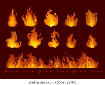 Fire borders,fire flames, blaze icon, symbol, sign on dark background vector illustration. Hot light effect elements design.