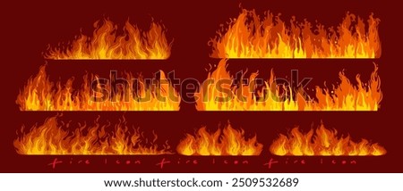 Fire borders,fire flames, blaze icon, symbol, sign on dark background vector illustration. Hot light effect elements design.