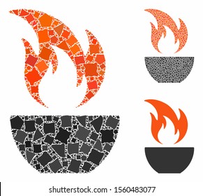 Fire bowl composition of raggy parts in different sizes and color hues, based on fire bowl icon. Vector raggy items are united into collage. Fire bowl icons collage with dotted pattern.