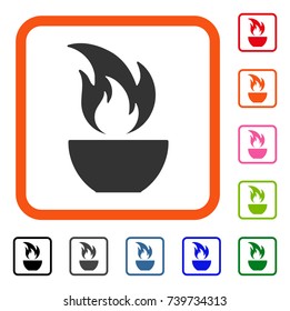 Fire Bowl icon. Flat gray pictogram symbol inside an orange rounded rectangular frame. Black, gray, green, blue, red, orange color variants of Fire Bowl vector. Designed for web and app UI.