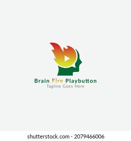 Fire brain play button logo design vector