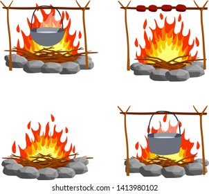 Fire with branches and stones. Campfire set with pot. Cooking in the campaign. Boiling water and food preparation in camp. Cartoon flat illustration.