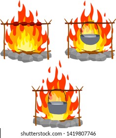Fire with branches and stones. Campfire set with pot. Boiling water and food preparation in camp. Cartoon flat illustration. Cooking in the campaign 