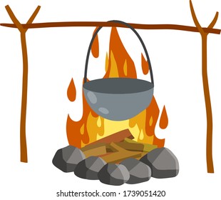 Fire with branches and stones. Cartoon flat illustration. Cooking in the campaign. Campfire with pot. Boiling water and food preparation in camp