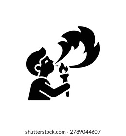 Fire breather blowing flame arc, vector icon. Circus performer breathing a curved arc of flame during fire act performance, isolated on a clean background in flat vector icon style.