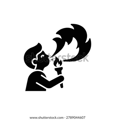 Fire breather blowing flame arc, vector icon. Circus performer breathing a curved arc of flame during fire act performance, isolated on a clean background in flat vector icon style.