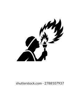 Fire breather with flame arc holding torch, circus spectacle icon