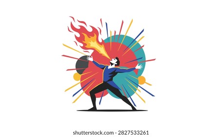 Fire breather performing a dramatic act blowing flames against a colorful abstract backdrop of radiant circles.