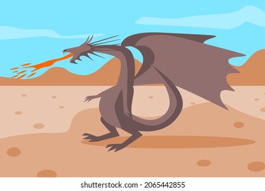 Fire breathing cartoon fantasy dragon with rocky background and bright blue sky.