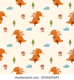 Fire breathing dragon cartoon so cute. On house tree cloud background. Pattern seamless vector illustration. 
