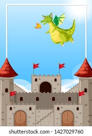 Fire breathing dragon castle scene illustration