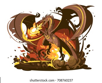 Fire breathing dragon character. Medieval dangerous monster cartoon. Vector illustration