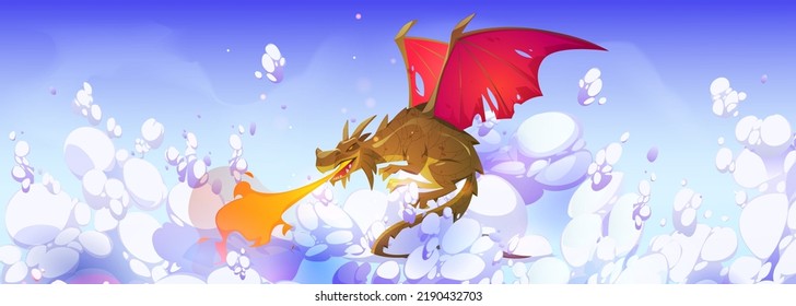 Fire breathing dragon flying in sky. Fairy tale scary monster from medieval mythology, magic green beast with red wings exhaling flame in sky with white clouds, fantasy vector cartoon illustration