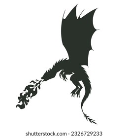 Fire breathing dragon silhouette. Cartoon flying winged reptile, scary medieval dragon flat vector illustration. Fairy tale dragon silhouette