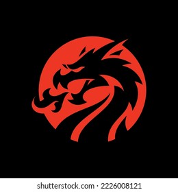 Fire breathing dragon silhouette on dark background. Dragon mascot logo design