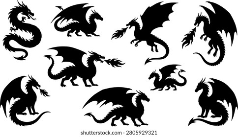 Fire breathing dragon silhouette vector set with fantasy monsters mythical beasts wings and asian serpent style medieval creature design elements