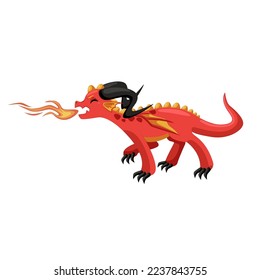 Fire breathing fairytale monster. Cute colorful baby dragon and dinosaur cartoon illustration. Reptiles, wild animal concept