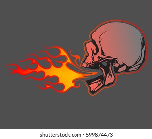 Fire Breathing Skull Vector Design. Red Old School Fire Runs Out From Jaws. Isolated on Grey Background.  EPS 10