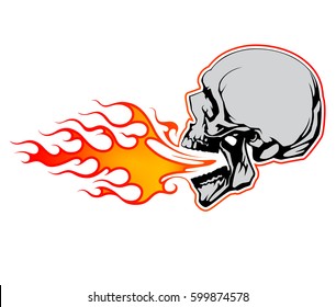 Fire Breathing Skull Vector Design. Red Old School Fire Runs Out From Jaws. Isolated on White Background. EPS 10