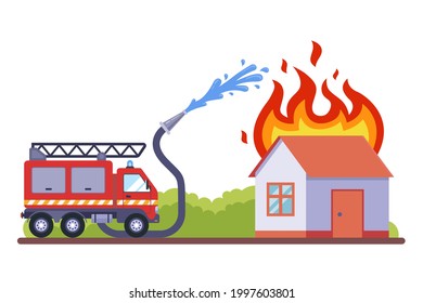 a fire brigade came to extinguish the fire. the burning house is extinguished with water. flat vector illustration.