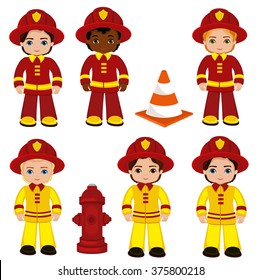 Fire brigade cute boys cartoon vector illustration.