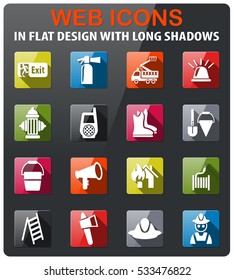 fire brigade icons set in flat design with long shadow