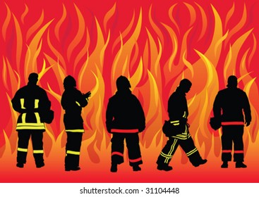 Fire brigade in uniform to a fire on the background of red flame