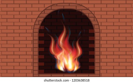 Fire bright in the red brick fireplace - art illustration vector