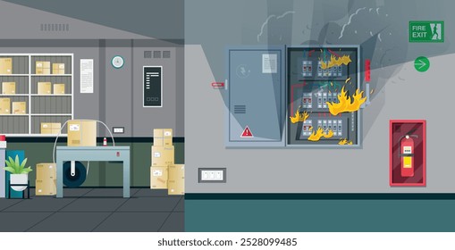 Un incendio estalló en un armario de control eléctrico en un almacén.